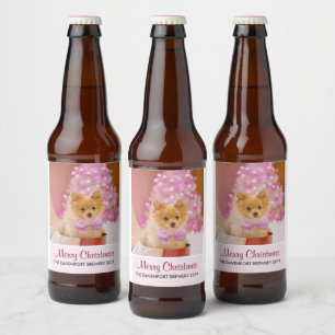 Niedlicher Hund mit Pink Bow Weihnachtsfoto Bierflaschenetikett