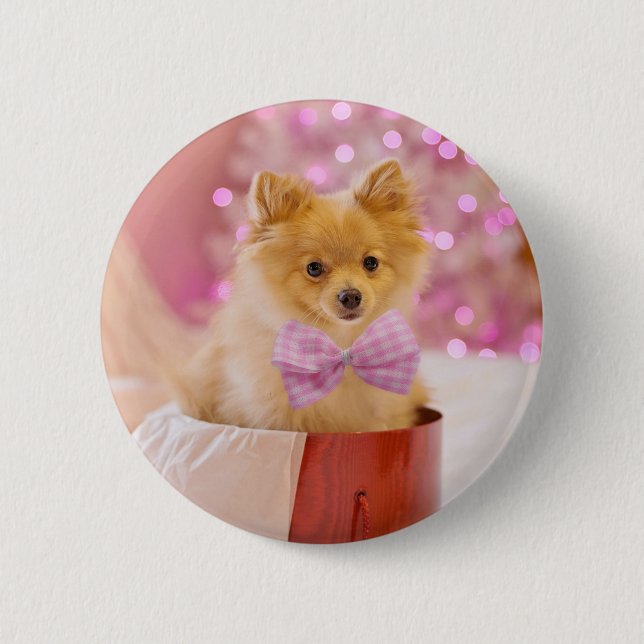 Niedlicher Hund mit Pink Bow Weihnachtsfoto Button (Vorderseite)