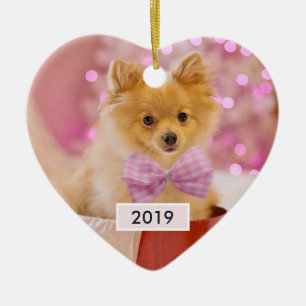 Niedlicher Hund mit Pink Bow Weihnachtsfoto Keramik Ornament