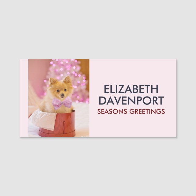Niedlicher Hund mit Pink Bow Weihnachtsfoto Namensschild (Vorderseite)