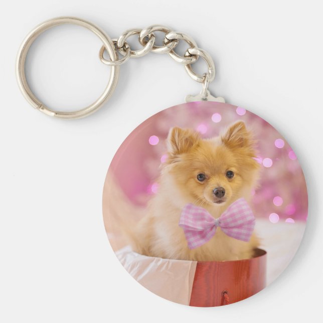 Niedlicher Hund mit Pink Bow Weihnachtsfoto Schlüsselanhänger (Vorne)