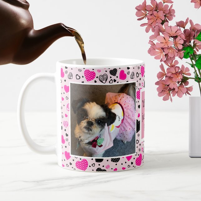 Niedlicher Hund mit rosa und schwarzen Herzen Lieb Kaffeetasse (Von Creator hochgeladen)