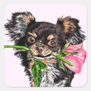 Niedlicher Hund mit Rose Geschenkaufkleber Quadratischer Aufkleber