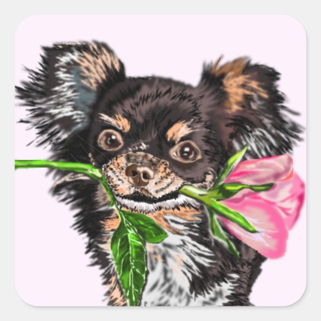 Niedlicher Hund mit Rose Geschenkaufkleber Quadratischer Aufkleber (Vorderseite)