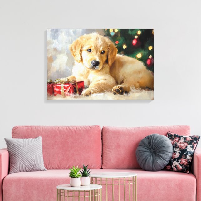 Niedlicher Hund mit Weihnachtsgeschenken als Maler Leinwanddruck (Insitu (Wohnzimmer))