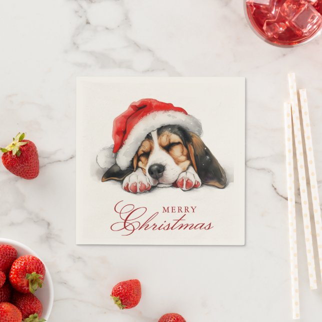 Niedlicher Hund mit Weihnachtsmannmütze Frohe Weih Serviette (Beispiel)