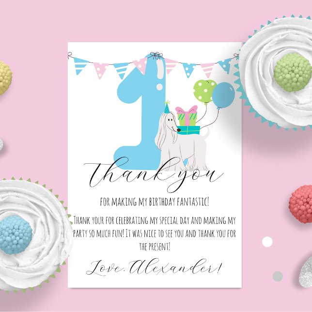 Niedlicher Hund neben blauer Nummer eins Erster Ge Dankeskarte (Von Creator hochgeladen)