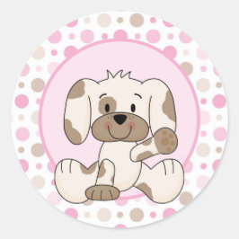 Niedlicher Hund Pink Polka Dot Baby Dusche Runder Aufkleber