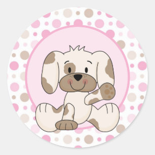 Niedlicher Hund Pink Polka Dot Baby Dusche Runder Aufkleber
