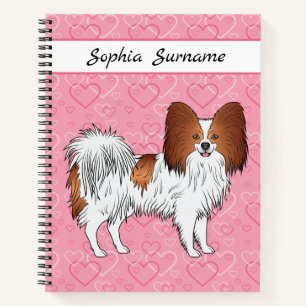 Niedlicher Hund, rot und weiß Papillon, rosa Herze Notizbuch