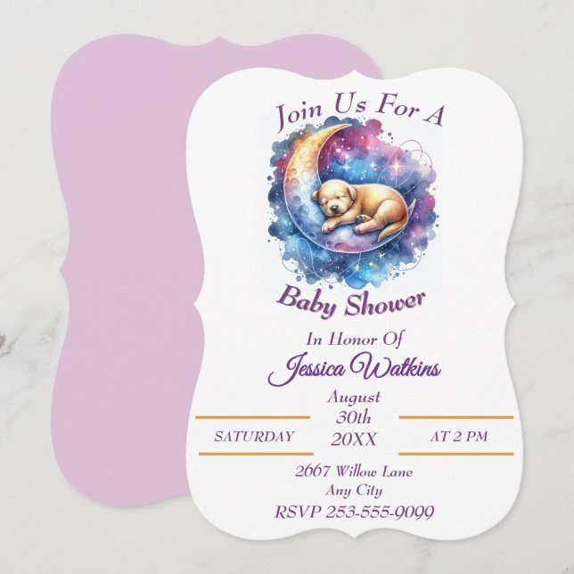 Niedlicher Hund schlafend auf einem halben Mond Einladung (Vorne/Hinten)