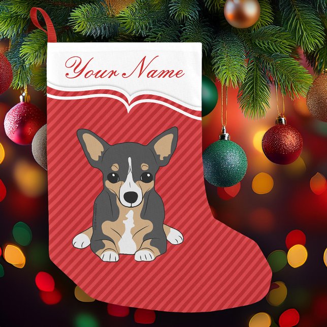 Niedlicher Hund Tricolor Chihuahua Rote Streifen Kleiner Weihnachtsstrumpf (Tricolor Chihuahua red striped Christmas stocking for you to personalize)
