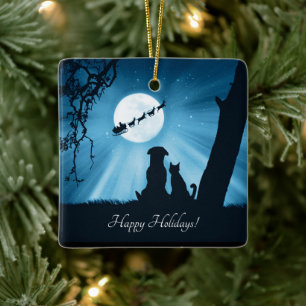 Niedlicher Hund und glückliche Katzen Weihnachten  Keramikornament