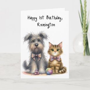Niedlicher Hund und Katze Happy 1. Geburtstag Pers Karte