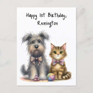 Niedlicher Hund und Katze Happy 1. Geburtstag Pers Postkarte