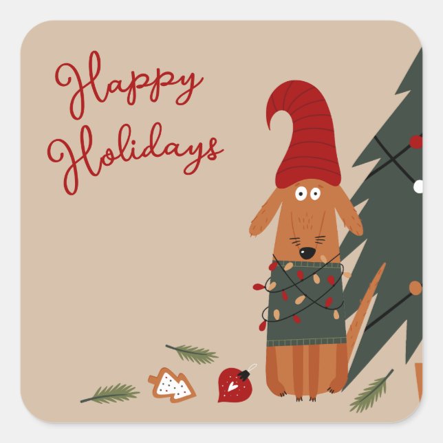 Niedlicher Hund und Weihnachtsbaum Mischief Quadratischer Aufkleber (Vorderseite)