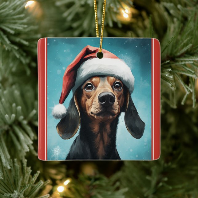 Niedlicher Hund Weihnachtsmannmütze Dackel Weihnac Keramikornament (Baum)