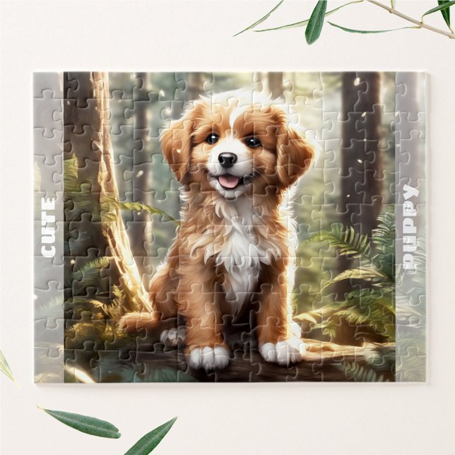 Niedlicher Hundeschwalbe Welpenwald Individuelle N Puzzle (Cute Dog Watercolor Puppy Forest Custom Name Jigsaw Puzzle)