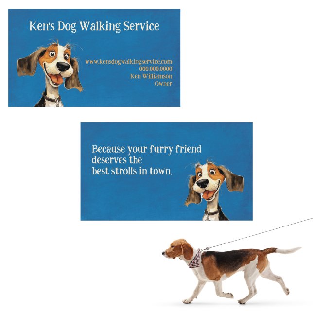 Niedlicher Hundewandern Visitenkarte (Happy Beagle dog walking business card for trusted, local pet care and tail-wagging walks.)