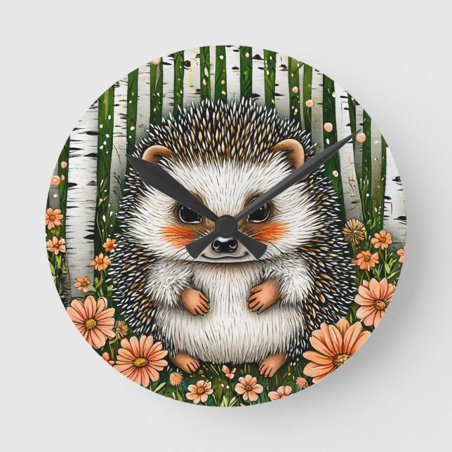 Niedlicher Igel Amid farbenfrohe Blume im Wald Runde Wanduhr (Vorderseite)