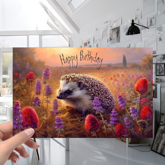 Niedlicher Igel bei Sonnenuntergang mit Blume Gebu Karte
