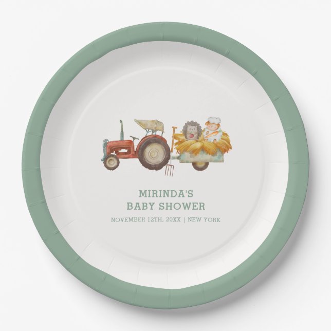 Niedlicher Igel Farm Traktor Babydusche Pappteller (Vorderseite)