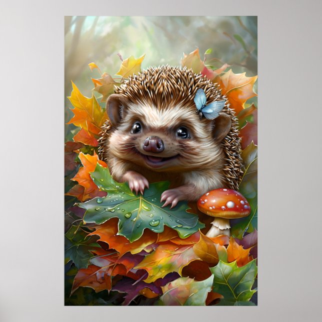 Niedlicher Igel im Herbstbereich - Holzkunst Poster (Vorne)