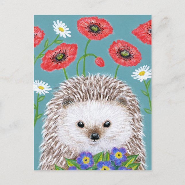 Niedlicher Igel mit Frühlingsblumen Postkarte (Vorderseite)