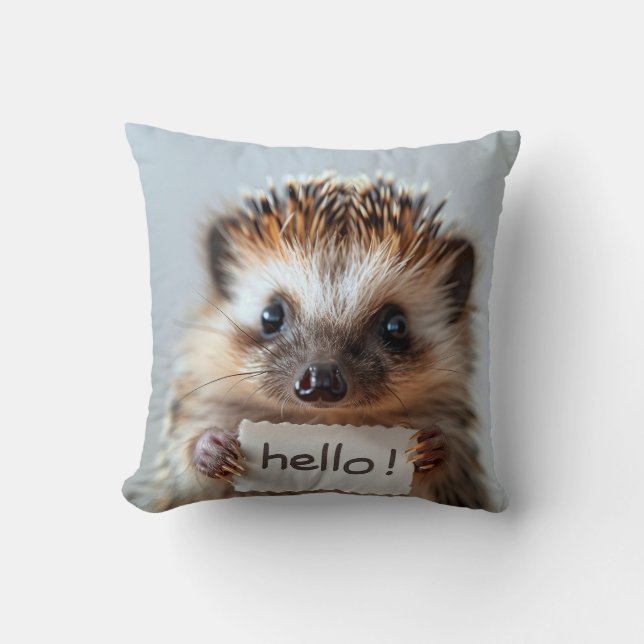 Niedlicher Igel mit "Hallo!"-Schild Kissen (Vorderseite)