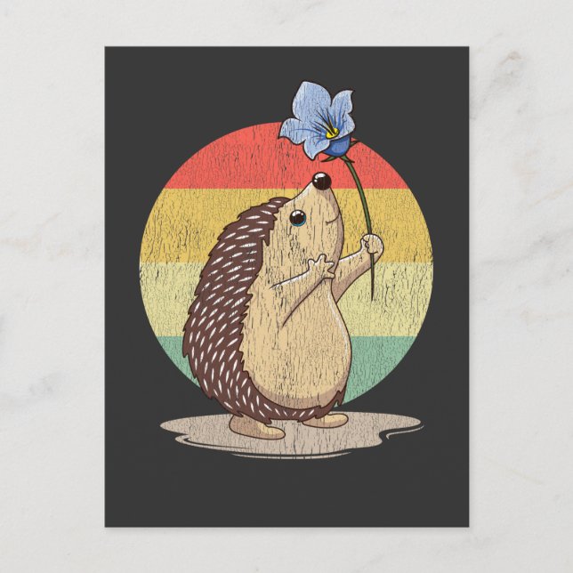 Niedlicher Igel Retro Blume Sonnenuntergang Herbst Postkarte (Vorderseite)