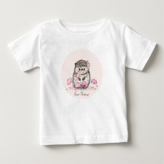 Niedlicher Igel Rosa Blume Name Baby T-shirt (Vorderseite)