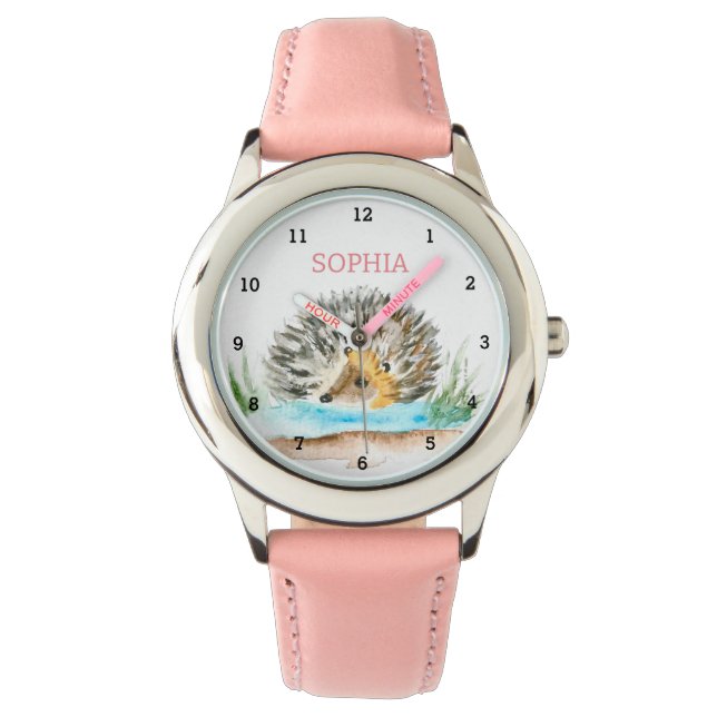 Niedlicher Igel Tier Mädchen Kinder rosa Armbanduhr (Vorderseite)