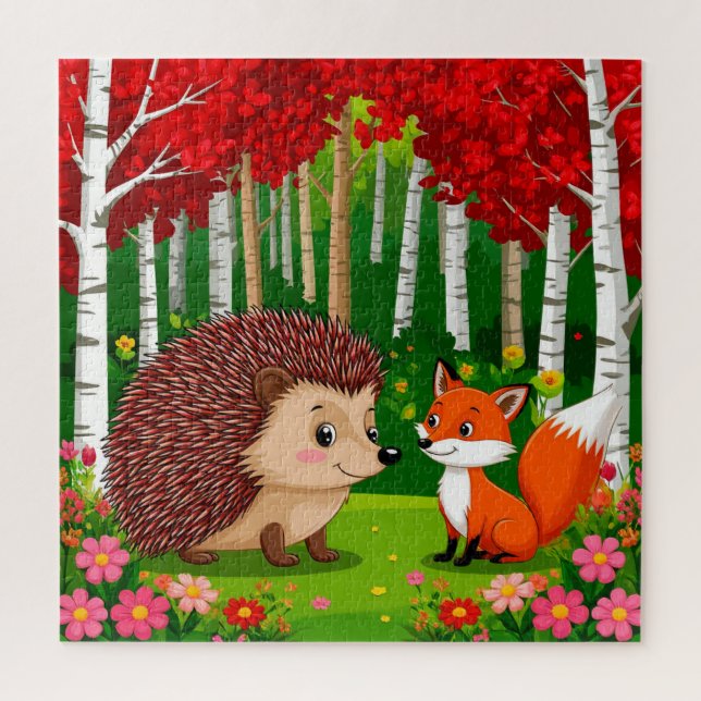 Niedlicher Igel und Fuchs in einem hellen Wald Puzzle (Vertikal)