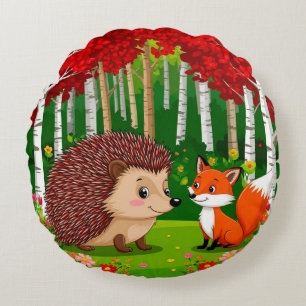 Niedlicher Igel und Fuchs in einem hellen Wald Rundes Kissen
