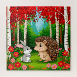Niedlicher Igel und Hase in einem hellen Wald Puzzle