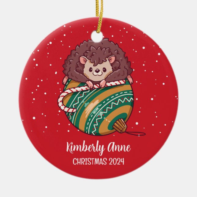 Niedlicher Igel Weihnachtsfest Keramik Ornament (Vorne)