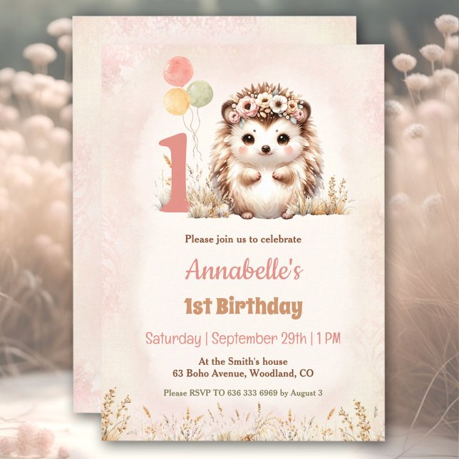 Niedlicher Igel Woodland Boho Girl 1. Geburtstag Einladung (Cute Hedgehog Woodland Boho Girl 1st Birthday Invitation)