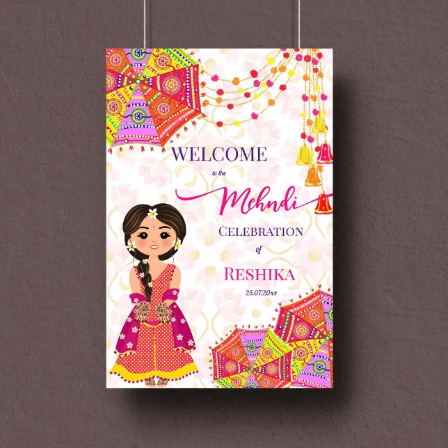 Niedlicher indischer Brautschild Poster (Mehndi welcome sign poster instant download Indian decoration umbrellas tassle henna bride)