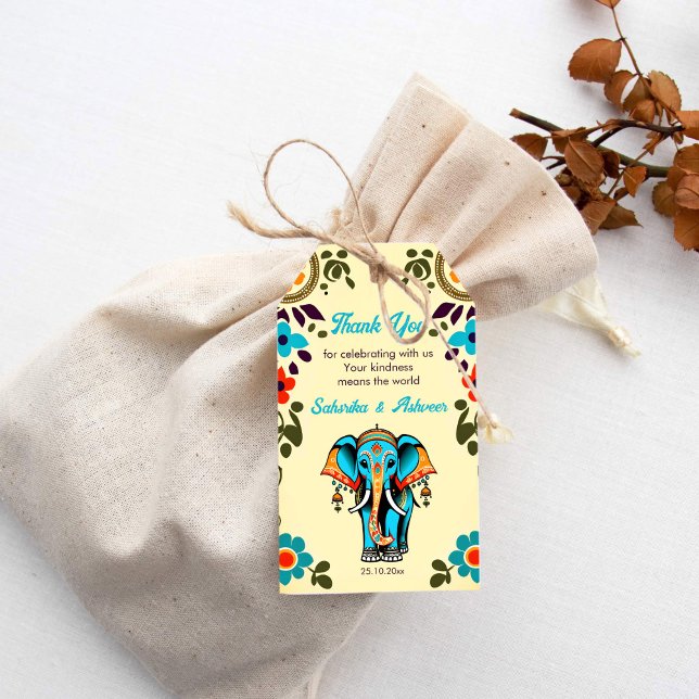 Niedlicher indischer Hochzeitselefant dankt Ihnen Geschenkanhänger (Indian Elephant favor gift tags)