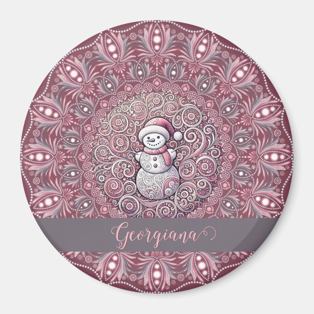 Niedlicher Individuelle Name Whimsical Pink Snowma Magnet (Vorne)