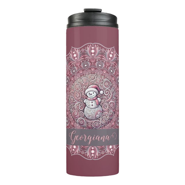 Niedlicher Individuelle Name Whimsical Pink Snowma Thermosbecher (Vorderseite)