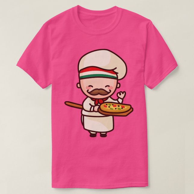 Niedlicher italienischer Pizza Koch Toon Character T-Shirt (Design vorne)