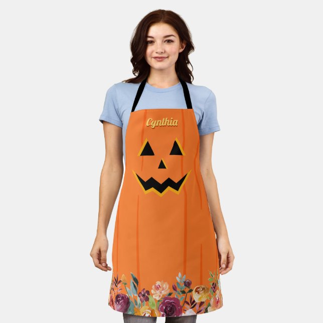 Niedlicher Jack O' Lantern Pumpkin Fall Floral Schürze (Getragen)