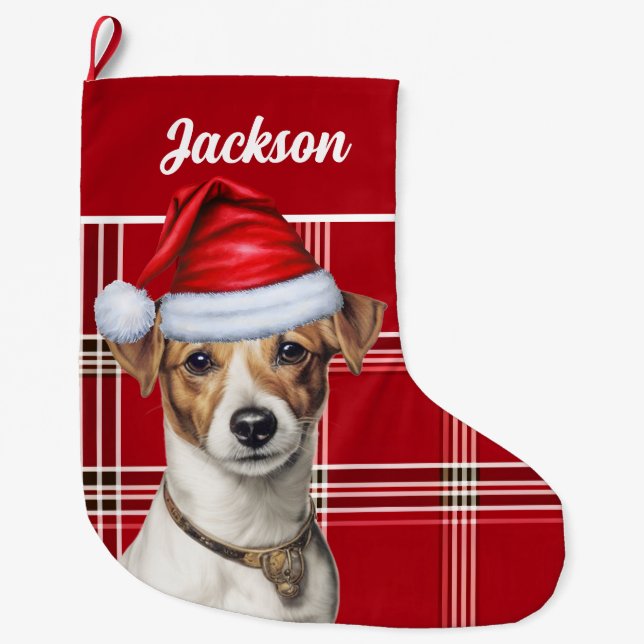 Niedlicher Jack Russell Dog Red Kariert Personalis Großer Weihnachtsstrumpf (Vorderseite)