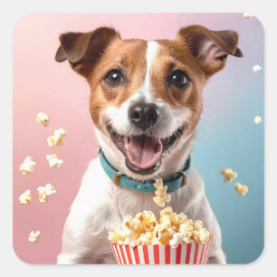 Niedlicher Jack Russell Terrier mit Popcorn Quadratischer Aufkleber