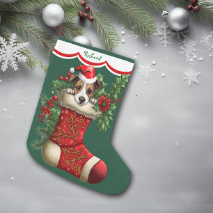 Niedlicher Jack Russell Terrier Puppy Peeking Großer Weihnachtsstrumpf