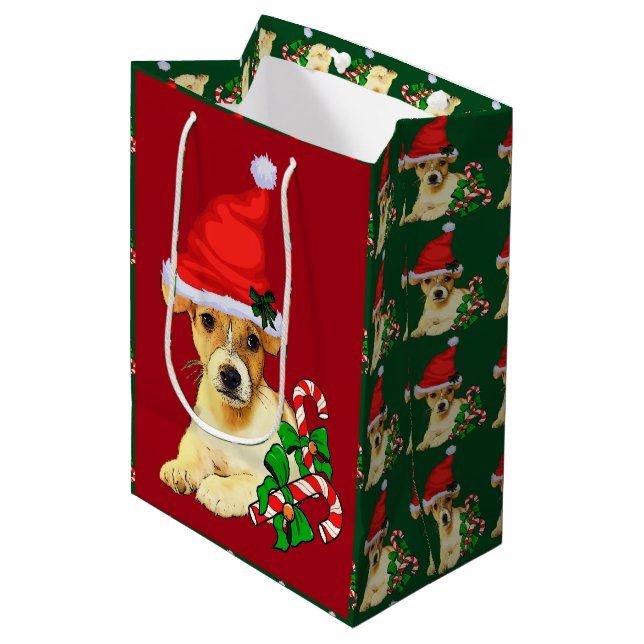 Niedlicher Jack Russell Terrier Weihnachten Mittlere Geschenktüte (Vorderseite Schrägansicht)