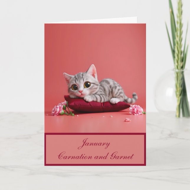 Niedlicher Januar Katze mit Nelken Karte (Vorderseite)