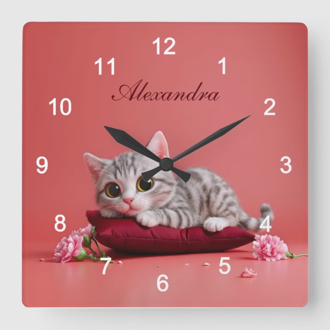 Niedlicher Januar Katze mit Nelken Quadratische Wanduhr (Vorderseite)