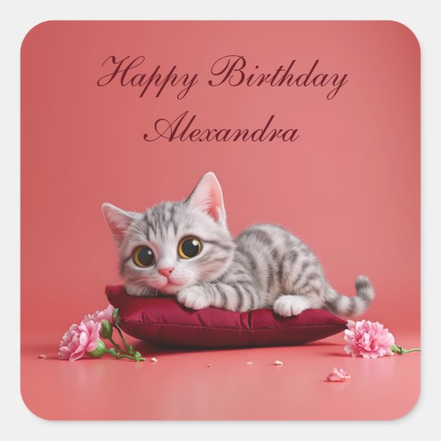 Niedlicher Januar Katze mit Nelken Quadratischer Aufkleber (Vorderseite)